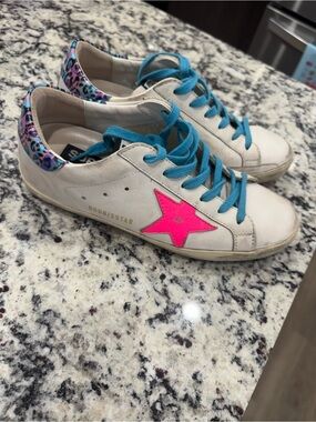 Golden Goose Sneakers with Pink Star, blue laces, and multi color leopard